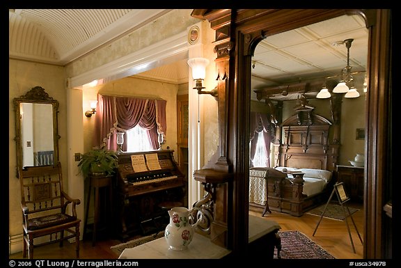 Mirror and last bedroom of Sarah Winchester. Winchester Mystery House, San Jose, California, USA (color)