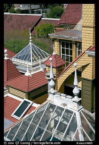 Roofs of some of the 160 rooms. Winchester Mystery House, San Jose, California, USA (color)