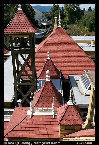 Rooftop detail. Winchester Mystery House, San Jose, California, USA