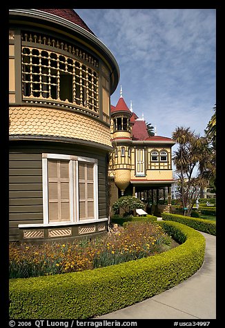 Mansion wing with door to nowhere in the background. Winchester Mystery House, San Jose, California, USA