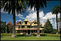 Palm trees and mansion facade. Winchester Mystery House, San Jose, California, USA (color)