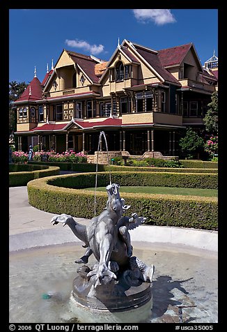 Fountain and mansion. Winchester Mystery House, San Jose, California, USA (color)