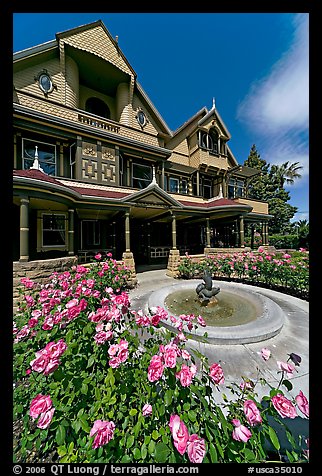 Roses and facade. Winchester Mystery House, San Jose, California, USA