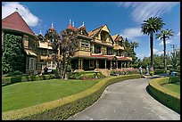 Gardens and facade. Winchester Mystery House, San Jose, California, USA (color)