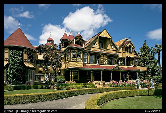 Gardens and facade, morning. Winchester Mystery House, San Jose, California, USA (color)