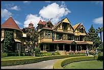 Gardens and facade, morning. Winchester Mystery House, San Jose, California, USA