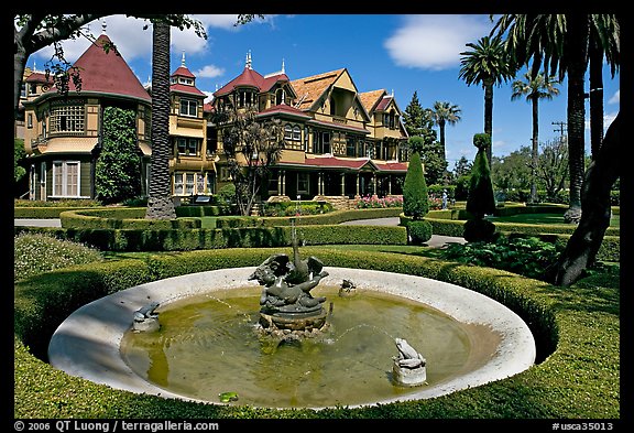Basin, gardens and facade. Winchester Mystery House, San Jose, California, USA (color)