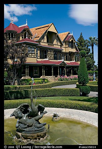 Fountain and facade. Winchester Mystery House, San Jose, California, USA (color)