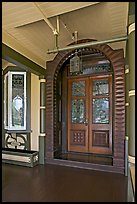 Main entrance doors, always locked. Winchester Mystery House, San Jose, California, USA (color)