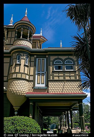 Door to nowhere, opening to a one-story drop. Winchester Mystery House, San Jose, California, USA (color)