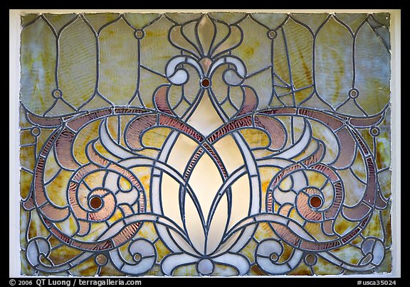 Decorated glass window. Winchester Mystery House, San Jose, California, USA (color)