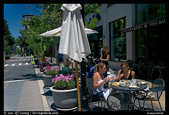 Street and outdoor restaurant tables. Santana Row, San Jose, California, USA