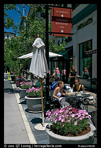 Outdoor restaurant tables. Santana Row, San Jose, California, USA (color)
