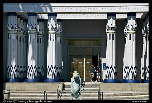 Facade of the  Rosicrucian  Egyptian Museum  with tourists entering. San Jose, California, USA