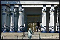 Facade of the  Rosicrucian  Egyptian Museum  with tourists entering. San Jose, California, USA