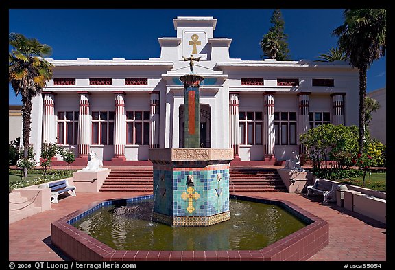 Fountain and temple, Rosicrucian Park. San Jose, California, USA