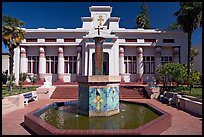 Fountain and temple, Rosicrucian Park. San Jose, California, USA