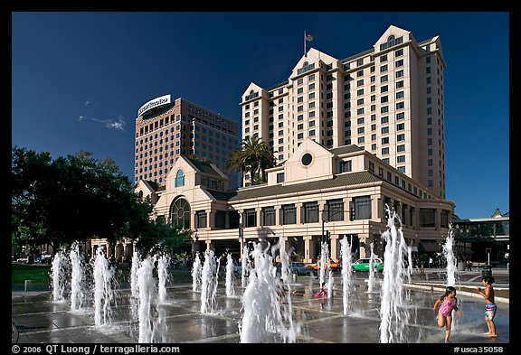 Fountain on Plaza de Cesar Chavez and Fairmont Hotel. San Jose, California, USA (color)