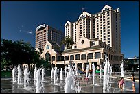 Fountain on Plaza de Cesar Chavez and Fairmont Hotel. San Jose, California, USA (color)