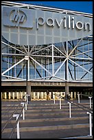 Facade of the HP Pavilion with person walking out. San Jose, California, USA