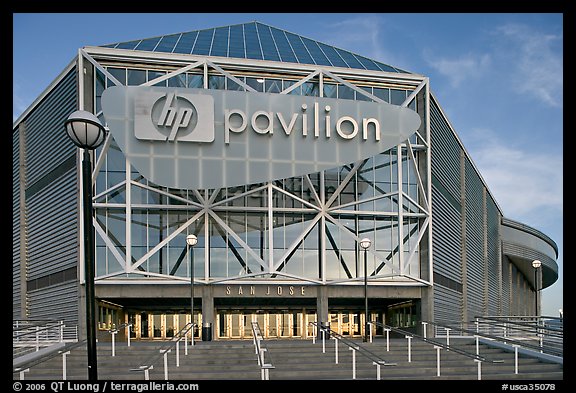 Facade of the HP Pavilion, late afternoon. San Jose, California, USA (color)