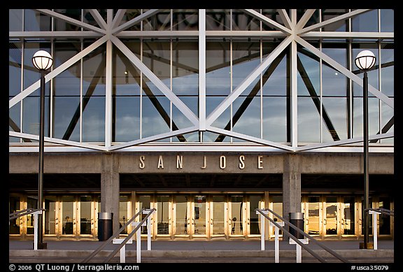 Facade of HP pavilion with San Jose sign. San Jose, California, USA (color)
