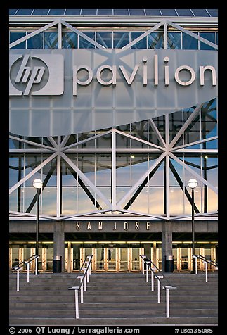 Facade of HP pavilion with San Jose sign, sunset. San Jose, California, USA (color)