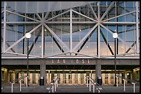 Facade of HP pavilion with San Jose sign reflecting sunset colors. San Jose, California, USA ( color)