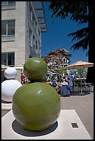 Sculpture  and outdoor restaurant terrace, Castro Street, Mountain View. California, USA