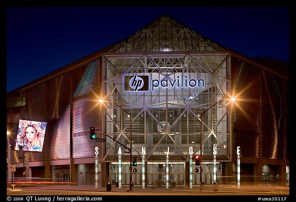 HP Pavilion and street at night. San Jose, California, USA