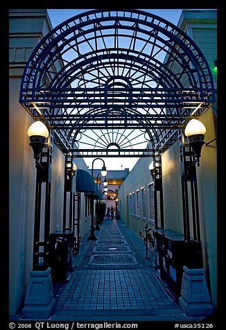 Alley and gate leading to Castro Street, Mountain View. California, USA (color)