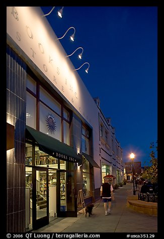 Books Inc bookstore and cafe at night, Castro Street, Mountain View. California, USA (color)