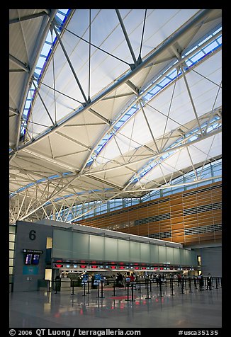 Check-in booth, SFO airport, designed by Craig Hartman. California, USA