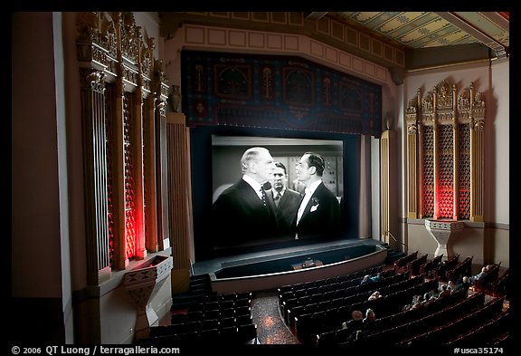 Classic black and white movie showing in Stanford Theatre. Palo Alto,  California, USA