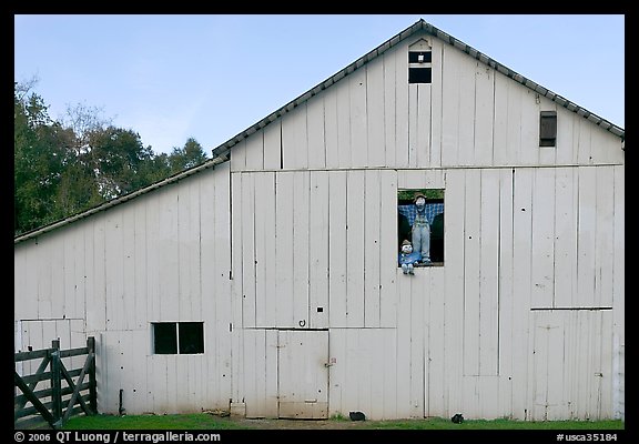 Barn with figures in window and cats, Happy Hollow Farm, Rancho San Antonio Park, Los Altos. California, USA