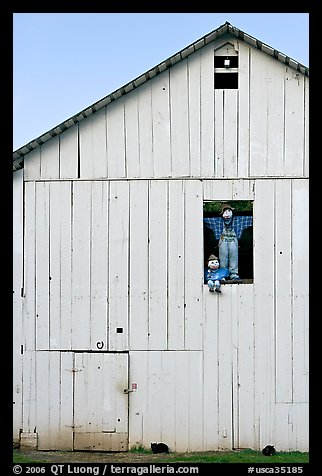 Figures in barn window and cats, Rancho San Antonio Preserve, Los Altos. California, USA (color)