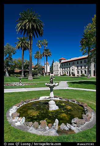 Fountain and lawn near mission, Santa Clara University. Santa Clara,  California, USA (color)