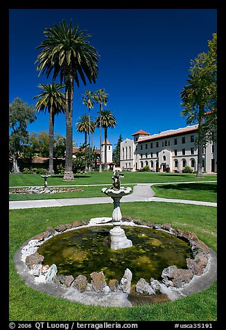 Fountain and lawn near mission, Santa Clara University. Santa Clara,  California, USA