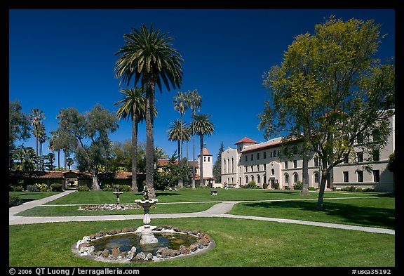 Fountain and gardens near mission, Santa Clara University. Santa Clara,  California, USA (color)