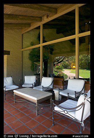 Chairs and coffee table on porch, Sunset Gardens. Menlo Park,  California, USA (color)