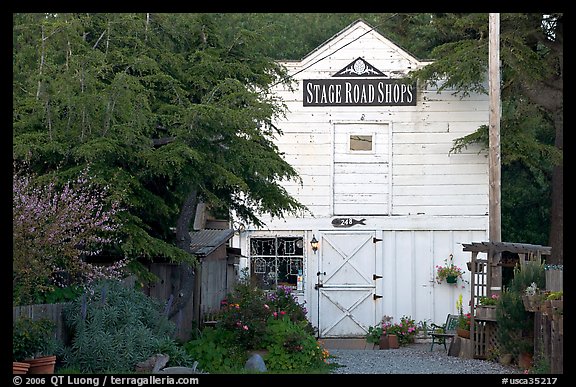 White-facaded store tucked in trees, Pescadero. San Mateo County, California, USA (color)