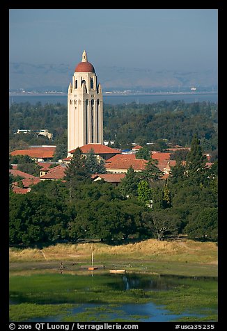 Hoover Tower, Campus, and Lake Lagunata, afternoon. Stanford University, California, USA (color)