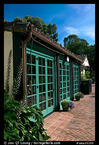 European-style glass doors and brick pavement, Allied Arts Guild. Menlo Park,  California, USA (color)