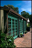 European-style glass doors and brick pavement, Allied Arts Guild. Menlo Park,  California, USA (color)