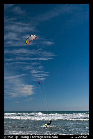 Kite surfers, waves, and ocean, Waddell Creek Beach. California, USA (color)