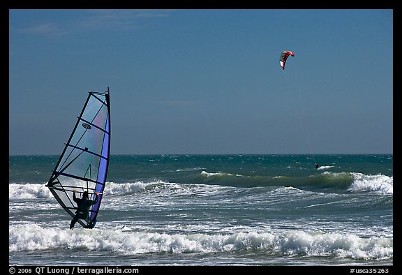 Windsurfer and kitesurfer, Waddell Creek Beach. California, USA