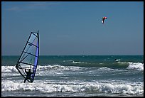 Windsurfer and kitesurfer, Waddell Creek Beach. California, USA