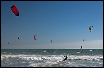 Kite surfing and wind surfing, Waddell Creek Beach. California, USA (color)