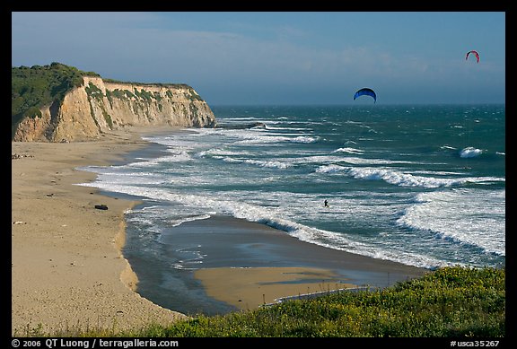 Beach and kite surfers from above, Scott Creek Beach. California, USA (color)