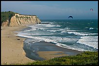 Beach and kite surfers from above, Scott Creek Beach. California, USA